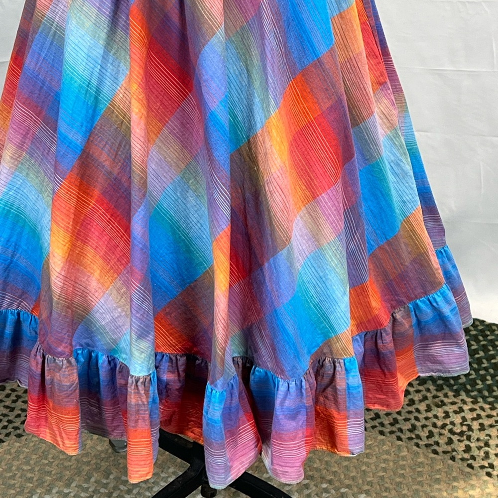 VINTAGE 80s plaid prairie dress ruffle poet collar a-line long sleeve midi‎ - Picture 7 of 17